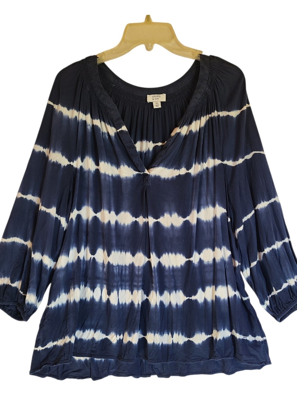 Crown & Ivy Navy Stripe Tie Dye V-Neck Peasant Top XL